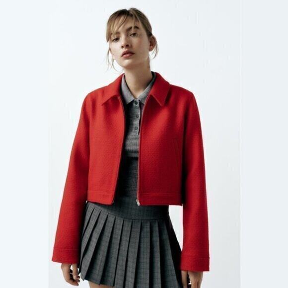 ZARA Red Wool-Blend Cropped Jacket NWT | Structured Collar Coat - Picture 12 of 16